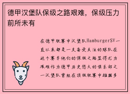德甲汉堡队保级之路艰难，保级压力前所未有