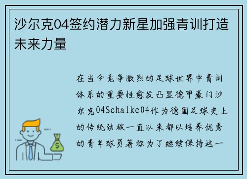 沙尔克04签约潜力新星加强青训打造未来力量